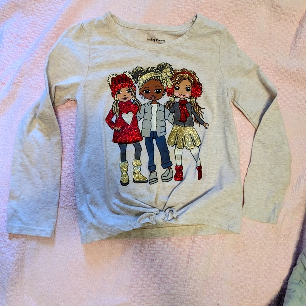 Lucky Penny brand Kids' Light Gray Long Sleeve with trio of fun girls, size 5